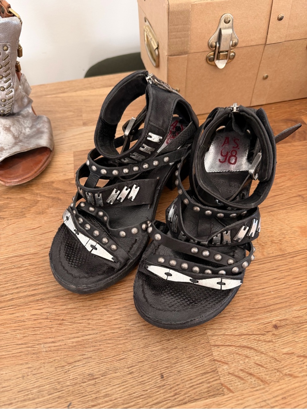 A.S.98 Black Leather Studded Strappy Sandals with Silver Accents